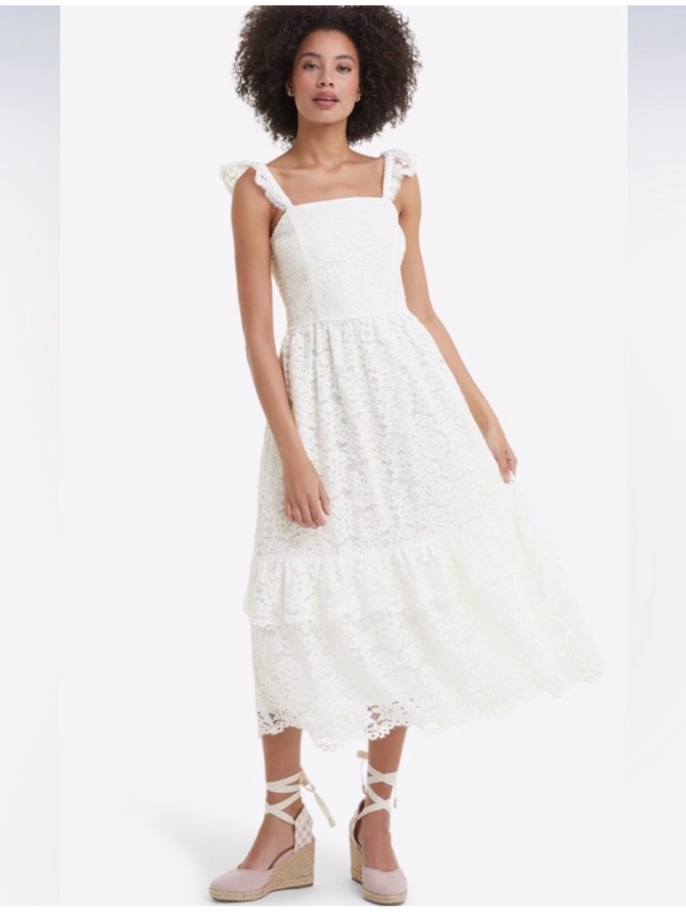 Draper James White Lace Midi Dress with Square Neckline